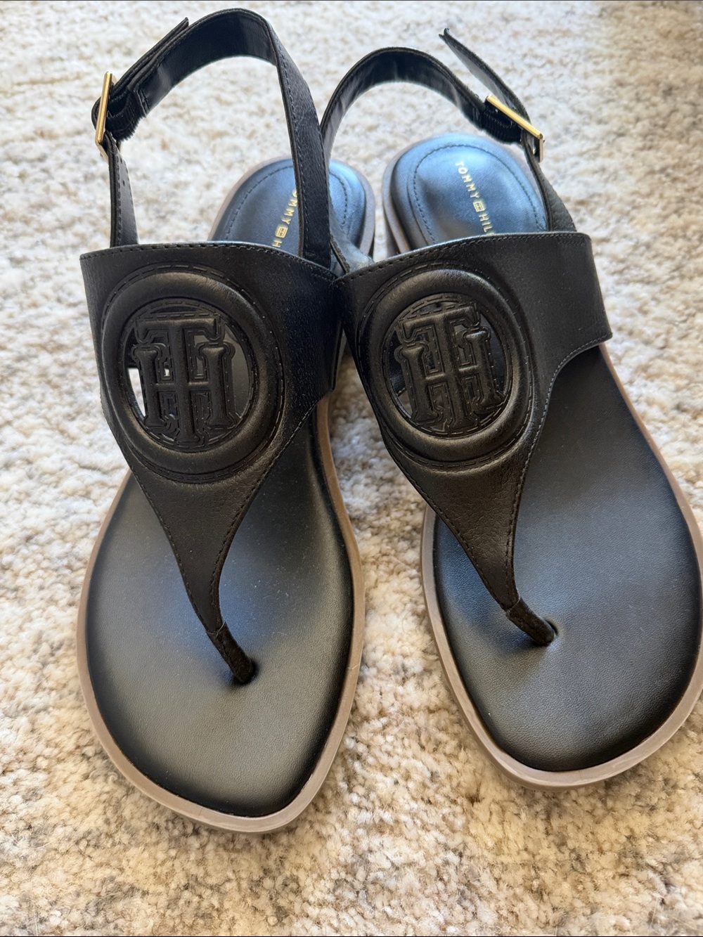 Tommy Hilfiger Black Leather Logo Thong Sandals size 9